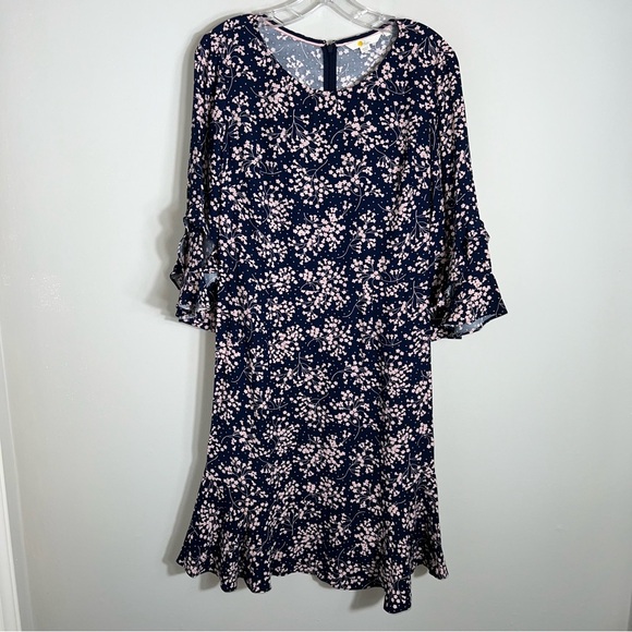Boden 3/4 Sleeve Shift Dress-Ruffle Sleeves & Hem-Blue Pink Floral-Size 8 - Picture 2 of 9
